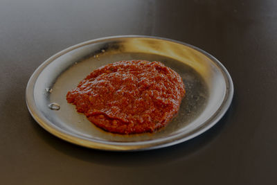 High angle view of dessert in plate on table