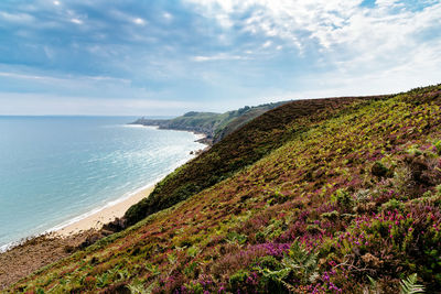 Panoramic view over cap frehel and fort la latte, brittany, france. atlantic ocean french coast