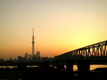 View of bridge and cityscape against sky during sunset