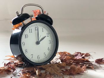 Close-up of alarm clock and dry leaves on table