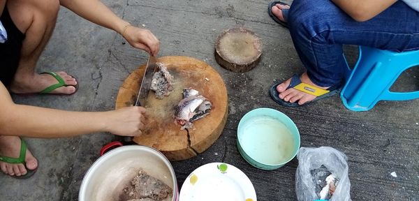 Low section of people having food