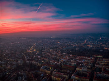 High angle view of townscape against sky at sunset