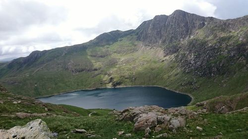 Scenic view of lake and mountains against sky