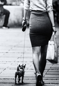 Low section of woman with dog walking on floor