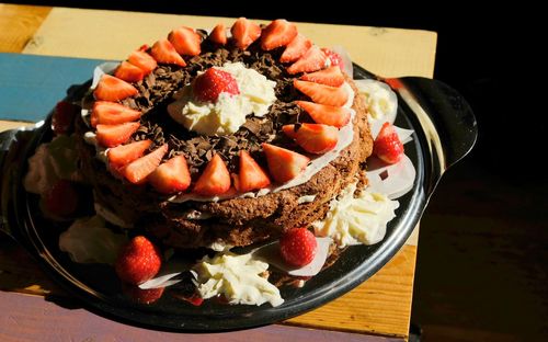 High angle view of dessert in plate on table