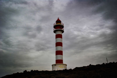 Low angle view of lighthouse by building against sky