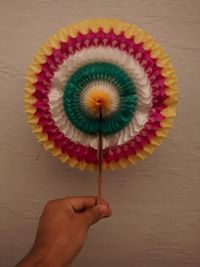 Close-up of hand holding flower in front of flower head