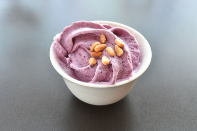 High angle view of ice cream in bowl on table