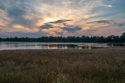 Scenic view of lake against sky during sunset