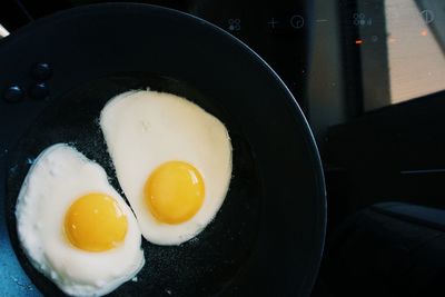 High angle view of fried eggs in frying pan