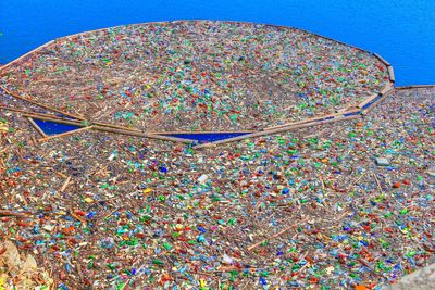 High angle view of multi colored candies on table