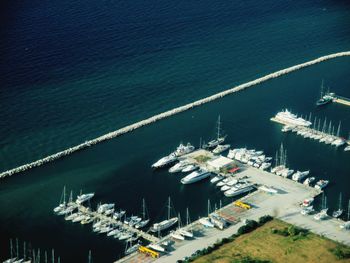 High angle view of yacht boats moored at harbor