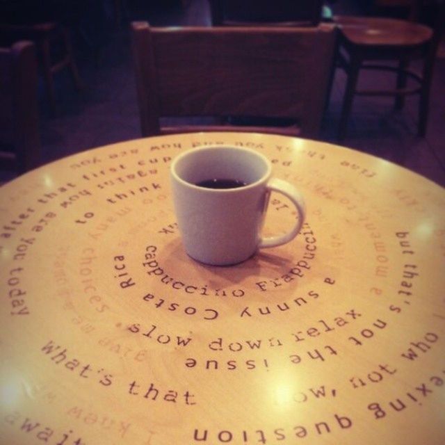 drink, coffee cup, refreshment, indoors, food and drink, coffee - drink, text, saucer, table, close-up, western script, coffee, freshness, still life, cup, communication, frothy drink, no people, focus on foreground, froth art