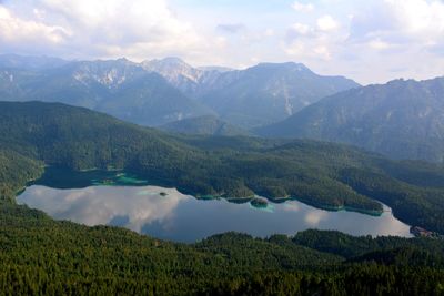 Scenic view of mountains and lake against sky