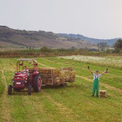 Man in farm against sky