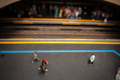 High angle view of people on road