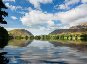 Scenic view of lake and mountains against sky