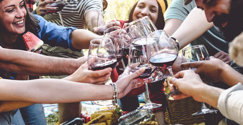 Cheerful people toasting drinks at party