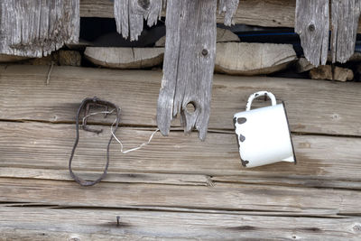 High angle view of ropes on wooden table