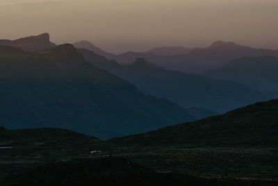 Scenic view of mountains against sky during sunset