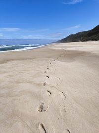 Scenic view of beach against blue sky
