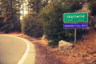 Road sign by trees