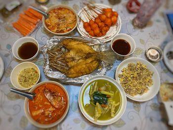 High angle view of meal served on table