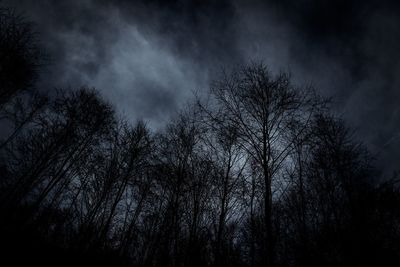 Low angle view of bare trees against cloudy sky