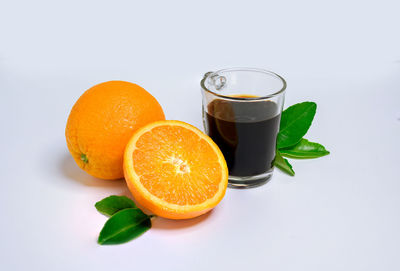 Close-up of orange juice against white background