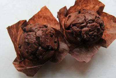 High angle view of chocolate cake on table