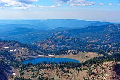 High angle view of landscape and mountains against sky