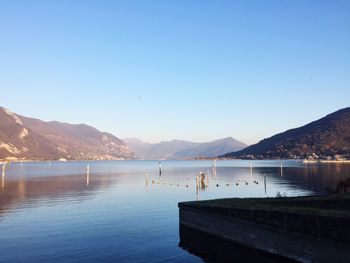 Scenic view of lake against clear blue sky