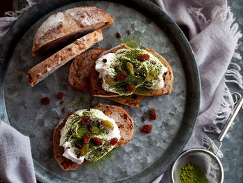 High angle view of breakfast served in plate