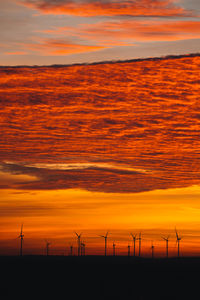 Scenic view of wind turbines during sunset