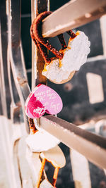 Close-up of padlocks on heart shape