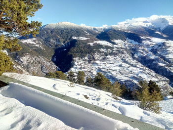 Scenic view of snowcapped mountains against clear sky