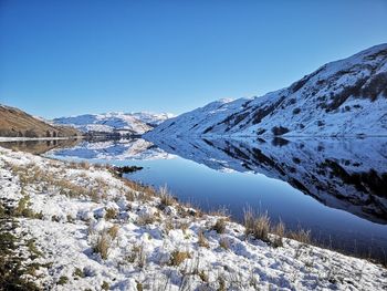 Scenic view of snowcapped mountains against clear blue sky