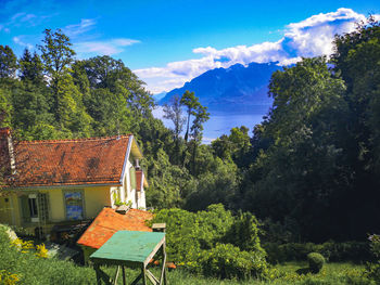 Houses and trees by plants against sky