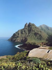 Scenic view of sea and mountains against clear blue sky