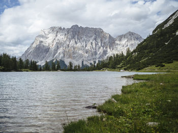 Scenic view of lake and mountains against sky