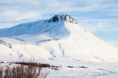 Scenic view of snow covered mountains against sky