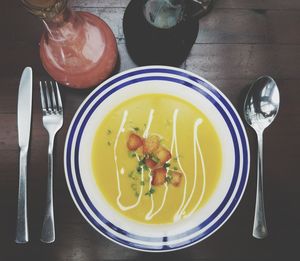 Directly above shot of food served on table