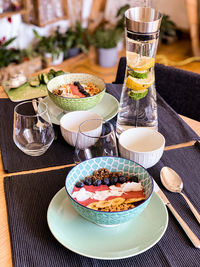 Close-up of breakfast served on table
