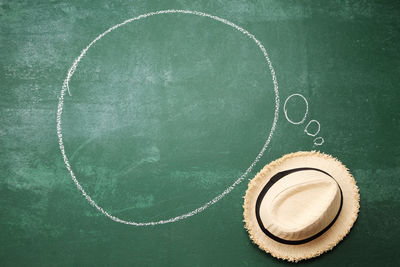 Close-up of hat with speech bubble on blackboard