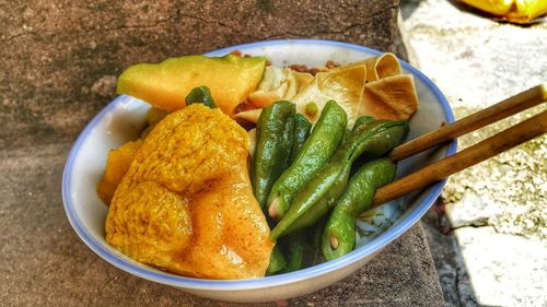 High angle view of vegetables in bowl on table