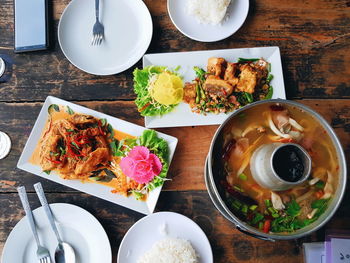 High angle view of food served on table