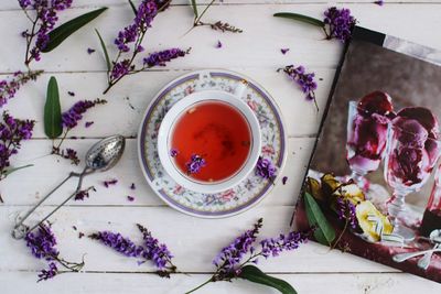 High angle view of tea served on table