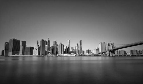 East river by modern city skyline against clear sky