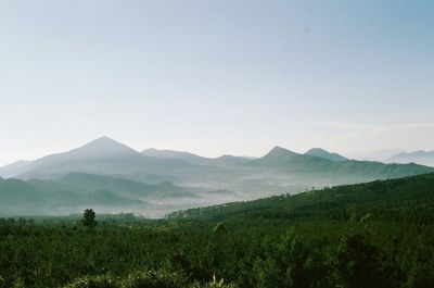 Scenic view of mountain range against sky in foggy weather