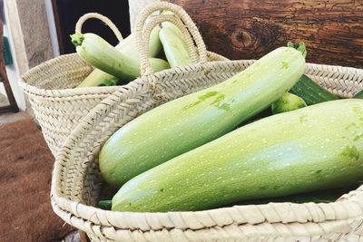 Close-up of green chili peppers in basket on table